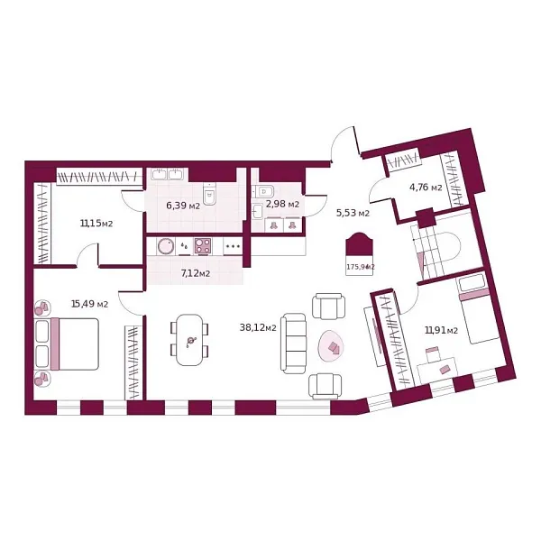 Новая 2-к квартира
 175.94 м² на 5/6 этаже в ЖК «Secret Place» в городе Тюмень 