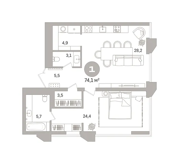 Новая 1-к квартира
 74.06 м² на 19/25 этаже в ЖК «Гоголя 21» в городе Тюмень 