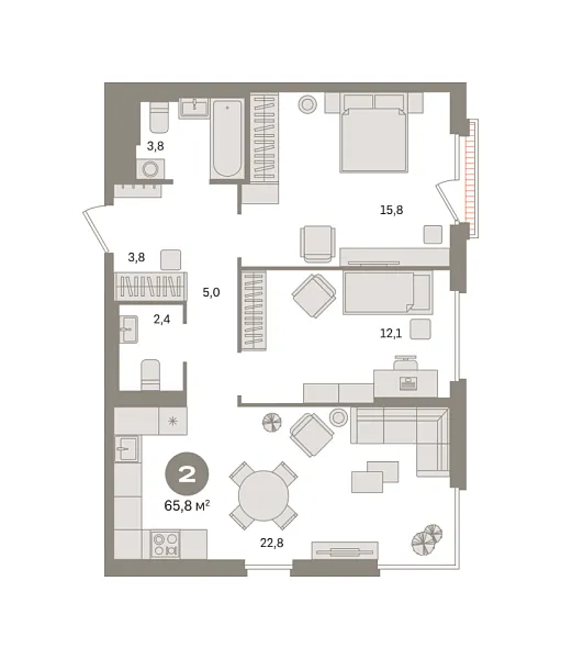 Новая 2-к квартира
 65.79 м² на 12/16 этаже в ЖК «Квартал Герцена» в городе Тюмень 