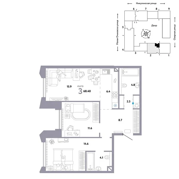 Новая 3-к квартира
 68.4 м² на 28/30 этаже в ЖК «Страна.Озёрная» в городе Тюмень 
