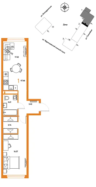 Новая 1-к квартира
 47.66 м² на 8/9 этаже в ЖК «Страна.Тополёвая» в городе Тюмень 
