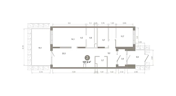 Количество комнат: 2,  107.56 кв.м.