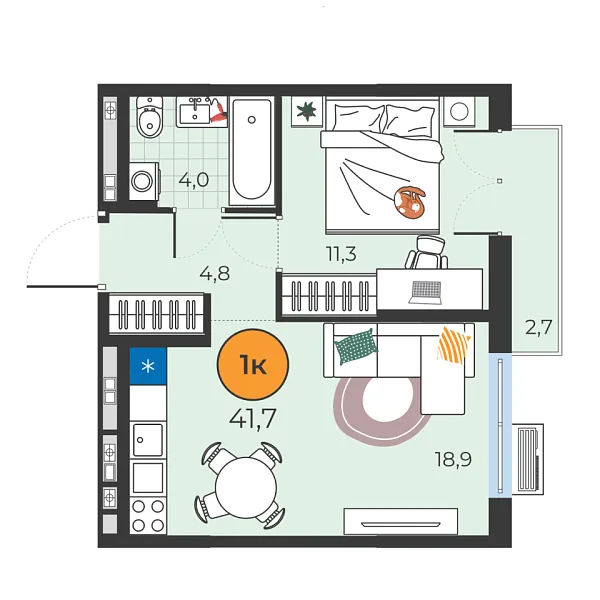 Новая 1-к квартира
 39 м² на 8/25 этаже в ЖК «Корней» в городе Тюмень 