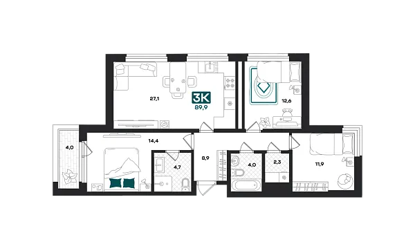 Новая 3-к квартира
 89.9 м² на 5/23 этаже в ЖК «Добро» в городе Тюмень 