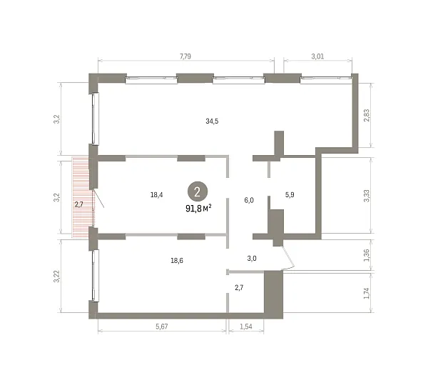 Количество комнат: 2,  91.8 кв.м.