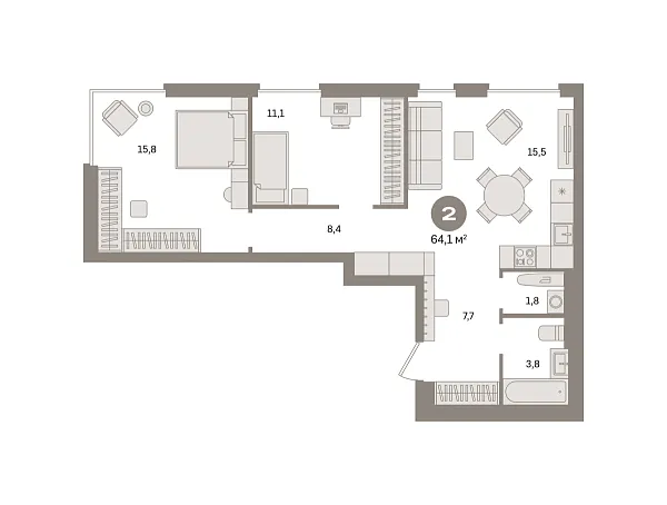 Новая 2-к квартира
 64.05 м² на 22/30 этаже в ЖК «Квартал Герцена» в городе Тюмень 