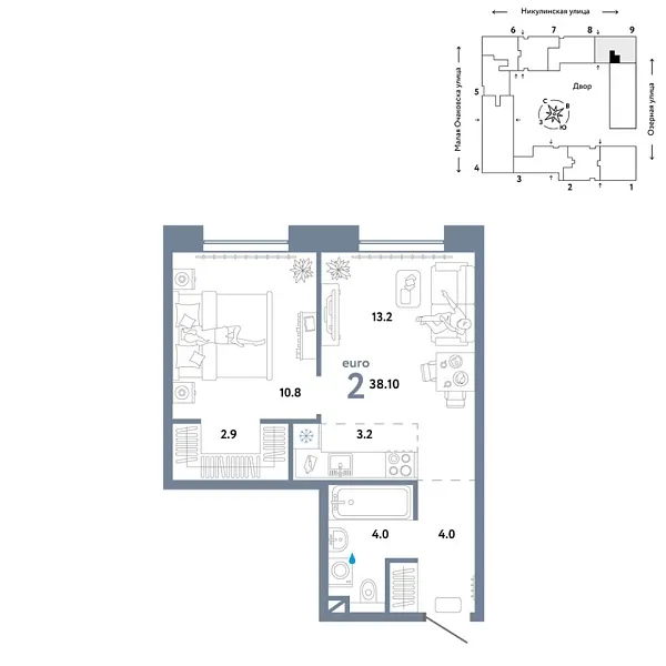 Новая 2-к квартира
 38.1 м² на 7/30 этаже в ЖК «Страна.Озёрная» в городе Тюмень 