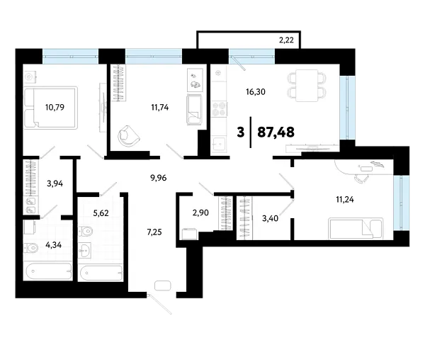 Новая 3-к квартира
 87.48 м² на 6/24 этаже в ЖК «Квартал в Гагаринском парке» в городе Тюмень 