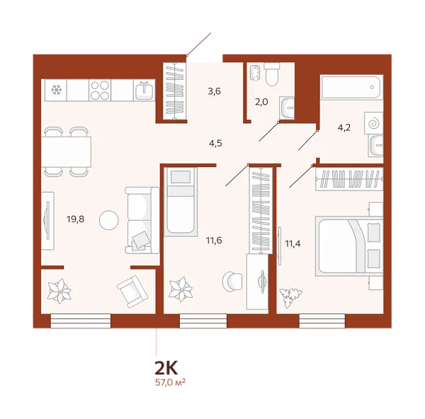 Новая 2-к квартира
 57 м² на 13/14 этаже в ЖК «ЖК Новатор» в городе Тюмень 