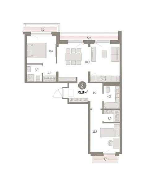 Новая 2-к квартира
 79.92 м² на 8/9 этаже в ЖК «Брусника в Академическом» в городе Тюмень 