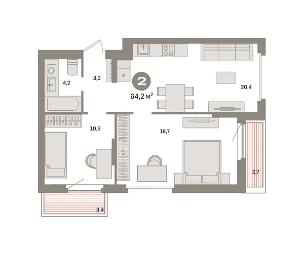 Новая 2-к квартира
 64.2 м² на 7/9 этаже в ЖК «Квартал «Депо»» в городе Тюмень 