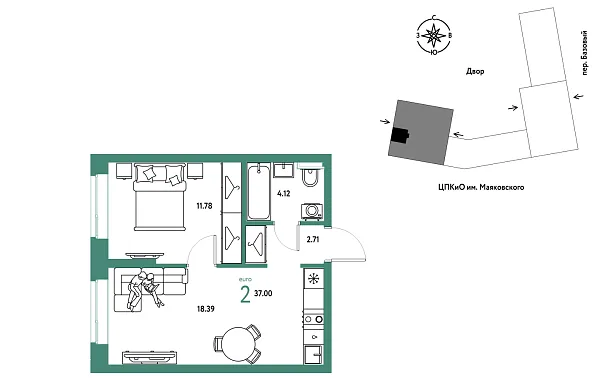 Новая 2-к квартира
 37 м² на 13/25 этаже в ЖК «Сибирский сад» в городе Тюмень 