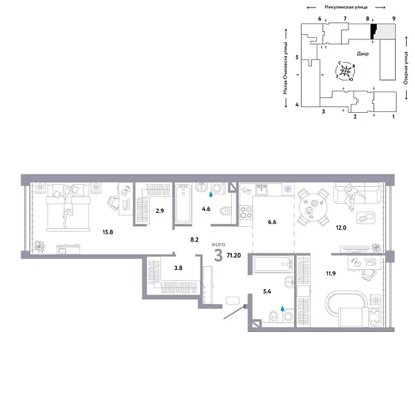 Новая 3-к квартира
 71.2 м² на 9/30 этаже в ЖК «Страна.Озёрная» в городе Тюмень 