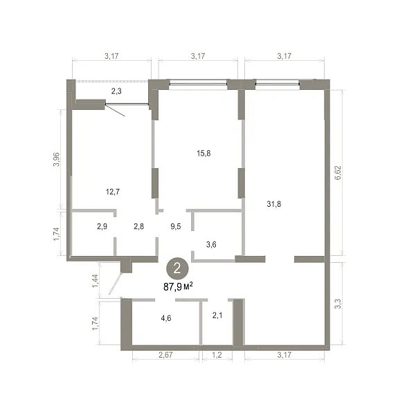 Количество комнат: 2,  87.87 кв.м.