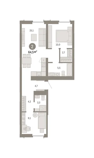 Новая 2-к квартира
 64.45 м² на 3/8 этаже в ЖК «Республики 205» в городе Тюмень 
