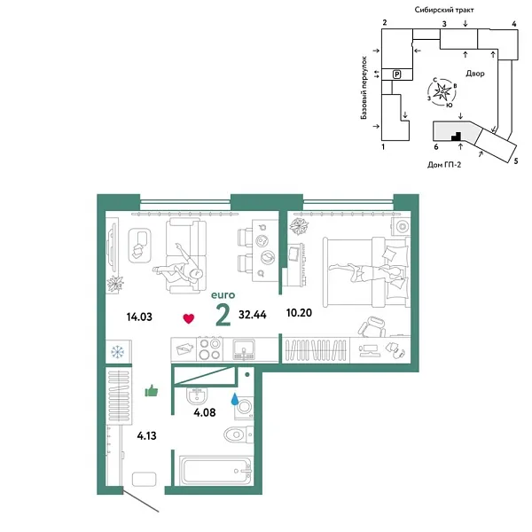 Новая 2-к квартира
 32.44 м² на 8/32 этаже в ЖК «Сибирский сад» в городе Тюмень 