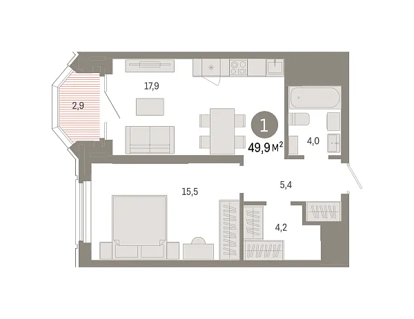 Новая 1-к квартира
 49.9 м² на 20/24 этаже в ЖК «На Некрасова» в городе Тюмень 