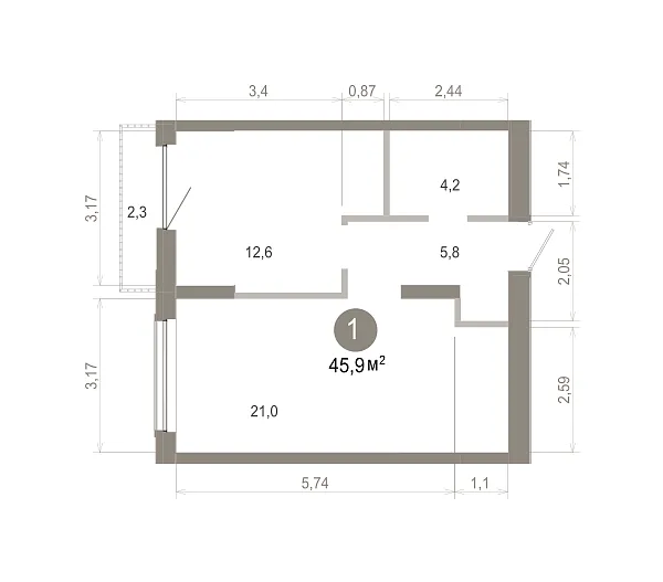Количество комнат: 1,  45.93 кв.м.