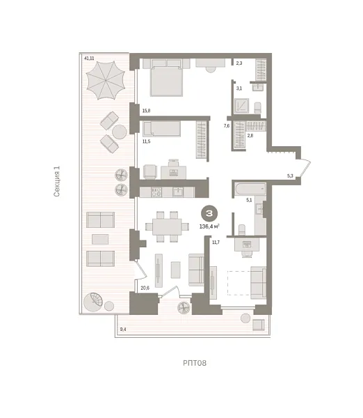 Новая 3-к квартира
 136.4 м² на 4/9 этаже в ЖК «Речной порт» в городе Тюмень 