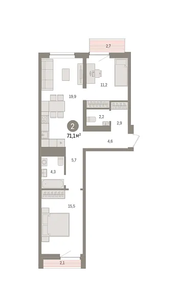 Новая 2-к квартира
 71.1 м² на 4/10 этаже в ЖК «Речной порт» в городе Тюмень 