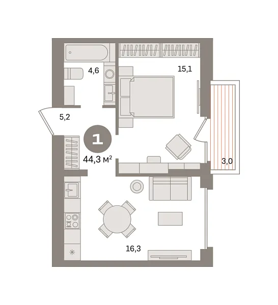 Новая 1-к квартира
 44.28 м² на 2/9 этаже в ЖК «Первый квартал» в городе Тюмень 