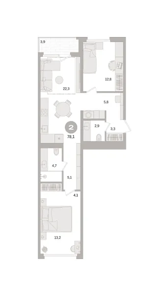 Новая 2-к квартира
 78.1 м² на 6/21 этаже в ЖК «Дом «А»» в городе Тюмень 