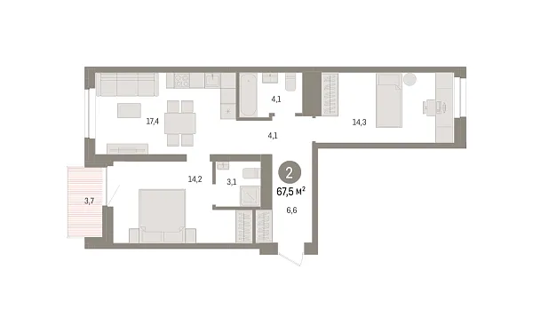 Новая 2-к квартира
 67.6 м² на 5/7 этаже в ЖК «Речной порт» в городе Тюмень 