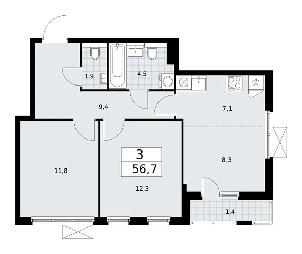 Новая 3-к квартира
 56.7 м² на 6/17 этаже в ЖК «Бунинские кварталы» в городе Тюмень 
