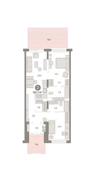 Новая 2-к квартира
 107.13 м² на 1/7 этаже в ЖК «Октябрьский на Туре» в городе Тюмень 