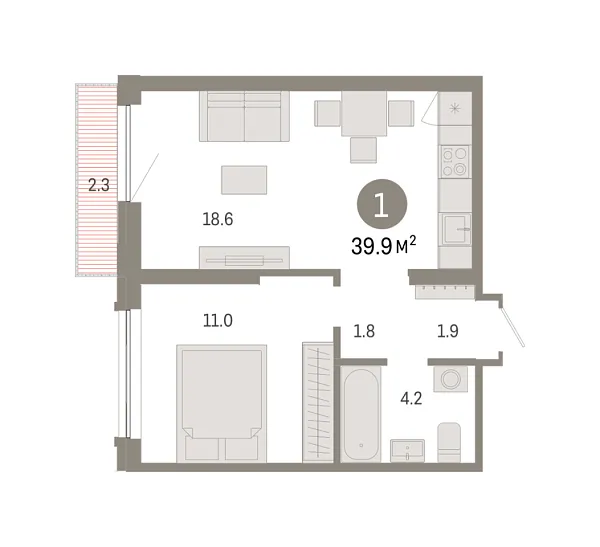 Новая 1-к квартира
 39.89 м² на 4/7 этаже в ЖК «Октябрьский на Туре» в городе Тюмень 