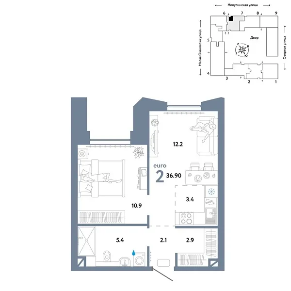 Новая 2-к квартира
 36.9 м² на 6/30 этаже в ЖК «Страна.Озёрная» в городе Тюмень 