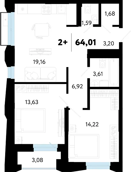 Новая 2-к квартира
 64.01 м² на 14/16 этаже в ЖК «Кедровый берег» в городе Тюмень 