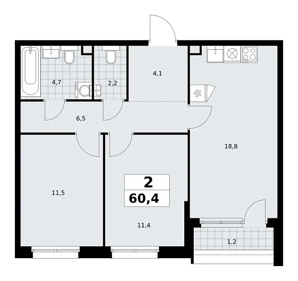 Новая 2-к квартира
 60.4 м² на 3/13 этаже в ЖК «Прокшино» в городе Тюмень 