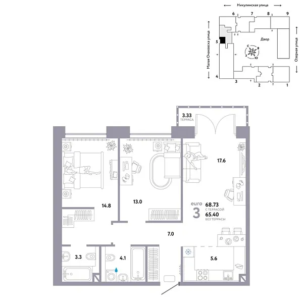 Новая 3-к квартира
 68.73 м² на 8/30 этаже в ЖК «Страна.Озёрная» в городе Тюмень 