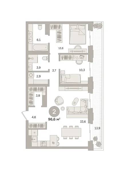 Новая 2-к квартира
 96.62 м² на 11/27 этаже в ЖК «Квартал «МОНС»» в городе Тюмень 