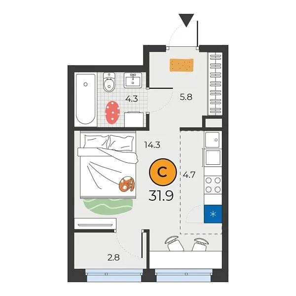 Новая квартира-студия
 31.9 м² на 15/19 этаже в ЖК «Корней» в городе Тюмень 