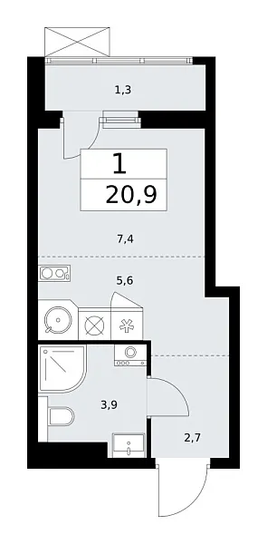 Новая 1-к квартира
 20.8 м² на 17/17 этаже в ЖК «Бунинские кварталы» в городе Тюмень 