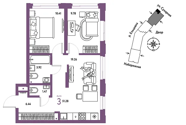 Новая 3-к квартира
 51.28 м² на 28/29 этаже в ЖК «Страна.Береговая» в городе Тюмень 