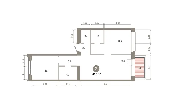 Количество комнат: 2,  66.7 кв.м.