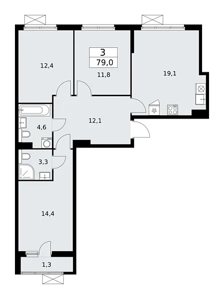 Новая 3-к квартира
 79 м² на 9/17 этаже в ЖК «Бунинские кварталы» в городе Тюмень 