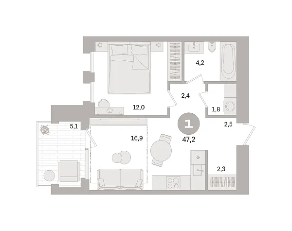 Новая 1-к квартира
 47.2 м² на 3/8 этаже в ЖК «Дом «А»» в городе Тюмень 