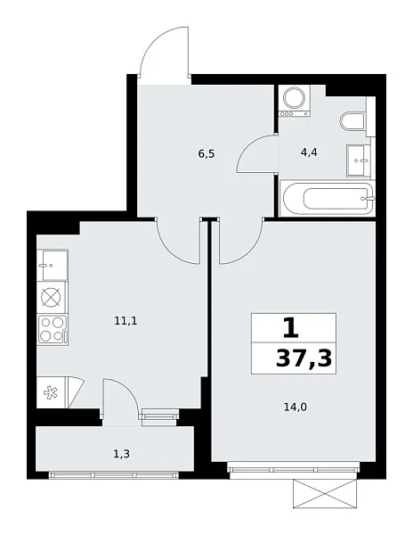Новая 1-к квартира
 37.3 м² на 15/19 этаже в ЖК «Бунинские кварталы» в городе Тюмень 