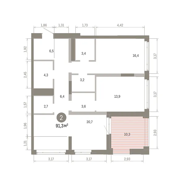 Количество комнат: 2,  91.25 кв.м.
