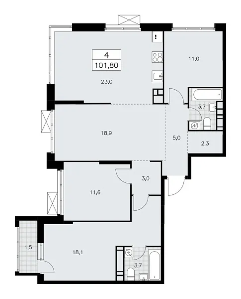 Новая 4-к квартира
 101.8 м² на 16/17 этаже в ЖК «Скандинавия» в городе Тюмень 