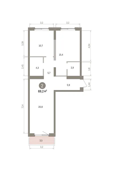 Количество комнат: 2,  69.2 кв.м.