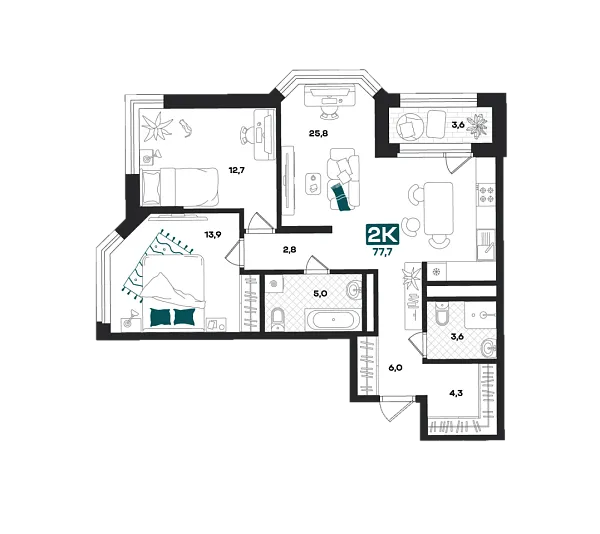 Новая 2-к квартира
 77.7 м² на 10/23 этаже в ЖК «Добро» в городе Тюмень 