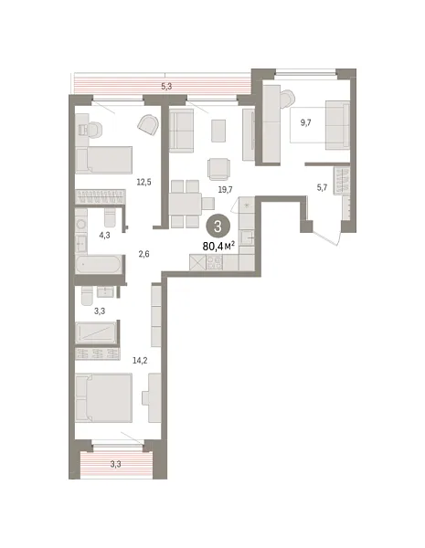 Новая 3-к квартира
 80.42 м² на 6/7 этаже в ЖК «Зарека» в городе Тюмень 