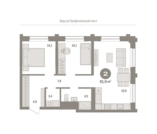 Новая 2-к квартира
 61.9 м² на 2/9 этаже в ЖК «Речной порт» в городе Тюмень 