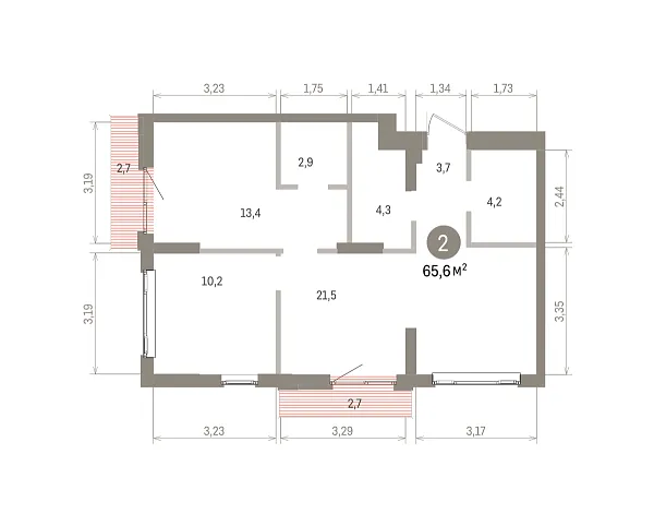 Количество комнат: 2,  65.6 кв.м.