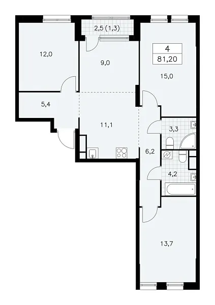 Новая 4-к квартира
 81.2 м² на 10/30 этаже в ЖК «Южные сады» в городе Тюмень 